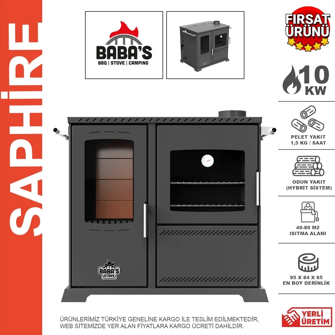 BABAS STOVE SAPHIRE 10KW MANUEL HİBRİT (ODUN+PELET) YATAY KUZİNE PELET SOBASI